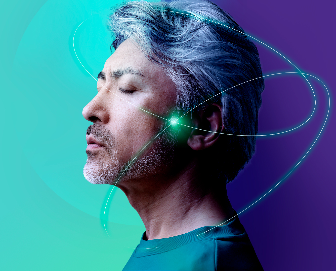 Close-up of an older Asian man's face with serious expression, showing detailed skin texture and eye